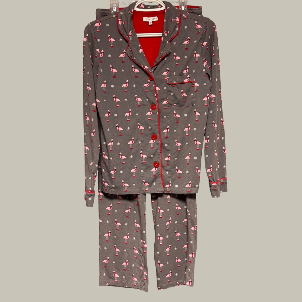PJ Salvage Womens Gray Flamingo Holiday Pajama Set Long Sleeve Button Down Small